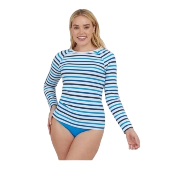 SPANX Ocean Stripe Coastal Blue Swim Shirt long sleeve - Picture 3 of 9